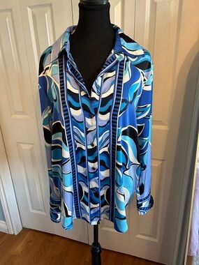 Rachel Zoe Blue Multi-Color Wave Print Silk Blouse